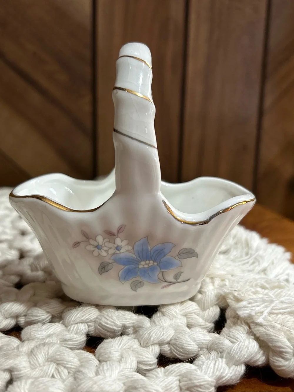 Vintage Porcelain Floral Trinket Basket with Gold Trim